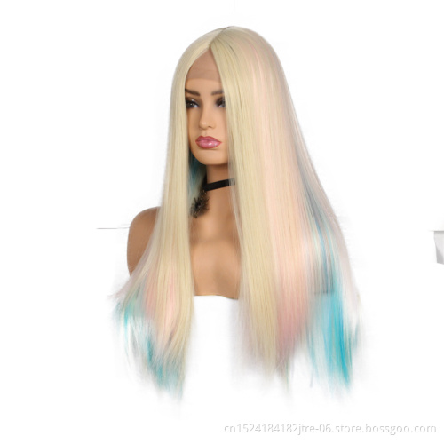 32 inch dye synthetic fringe wig, european thin skin base synthetic lace frontal wig for woman